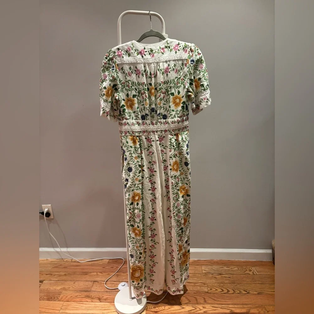 Farm Rio Anthropologie Folk Floral Linen Blend Short Sleeve Jumpsuit Medium - Picture 8 of 8